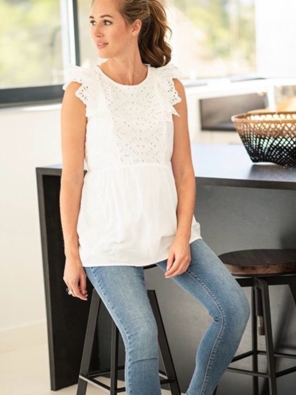 Seraphine White Eyelet Ruffle Maternity Top size 8